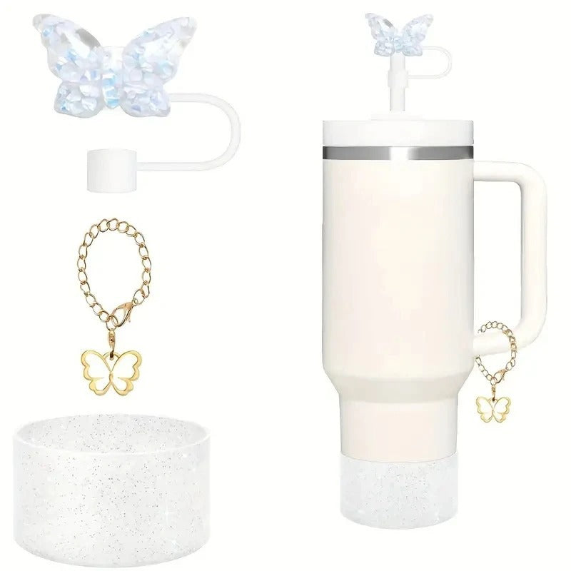 Wholesale Creative butterfly keychain 10mm straw cap glitter cup set accessories
